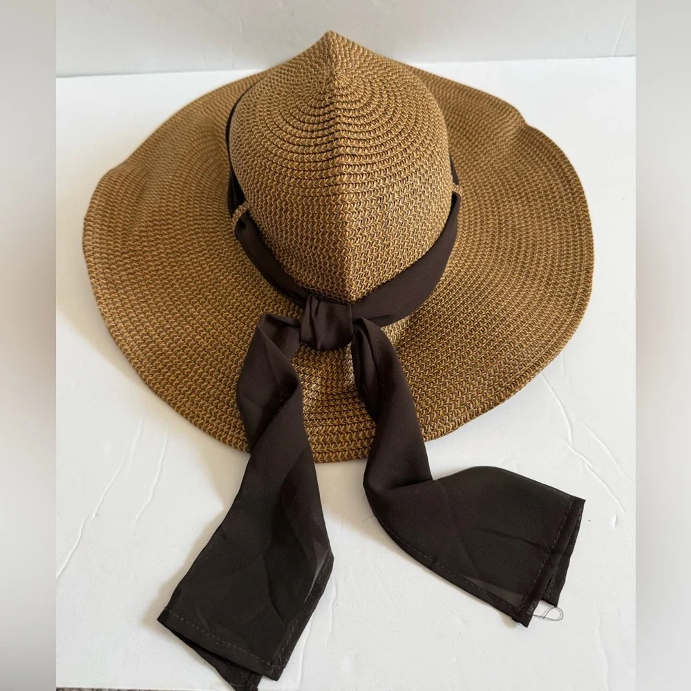 Simplicity Tan White Brim Straw Sun Hat with Brown Ribbon Tie